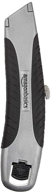 Amazon Basics Soft Grip Retractable Utility Knife with 3 Carbon Steel Blades, Quick Change Blade System, Black/Silver