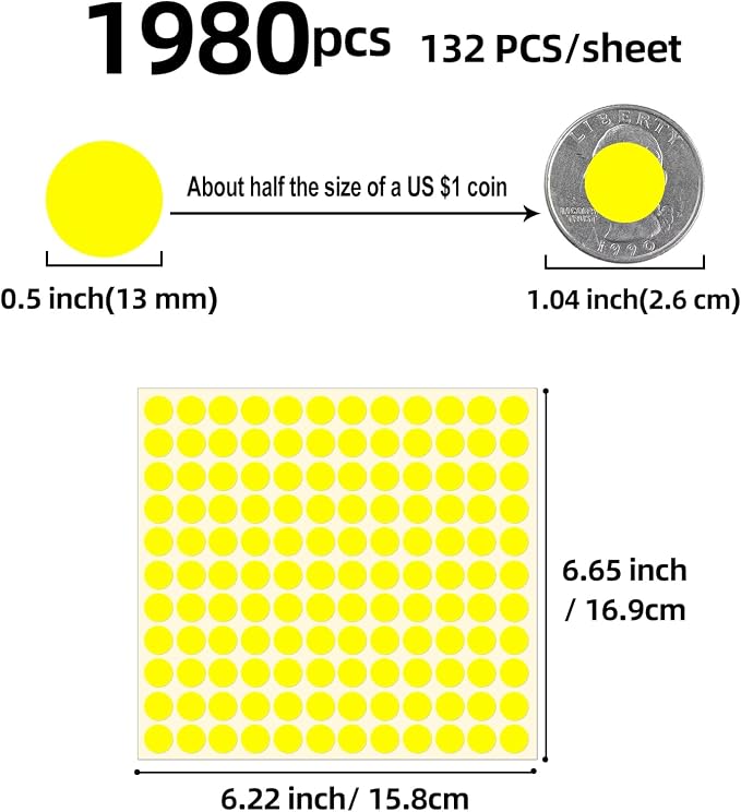 1980 Pcs Yellow Dot Stickers 1/2 Inch Color Circle Round Stickers Small Code Labels for Office Shop Yard Sale Home Marking (Yellow, 1/2" (13mm))