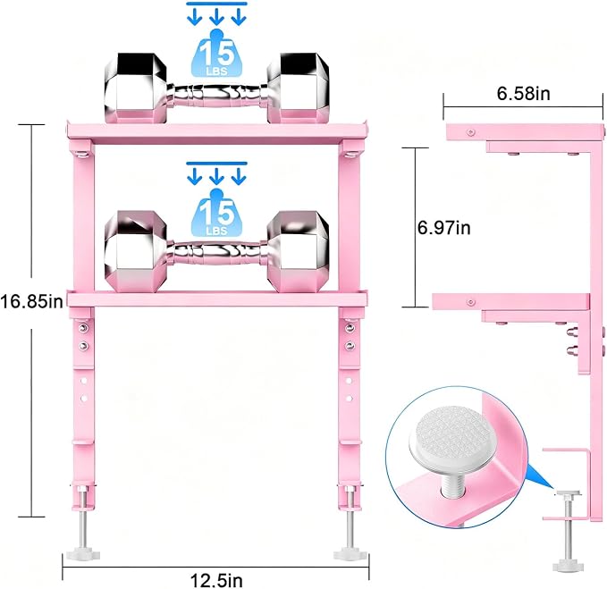 Spacrea Clamp on Desk Shelf, 2 Tier Office Desk Shelves Organizer, Wood Desktop Supplies Storage Rack, Desk Organizers and Accessories (Pink)
