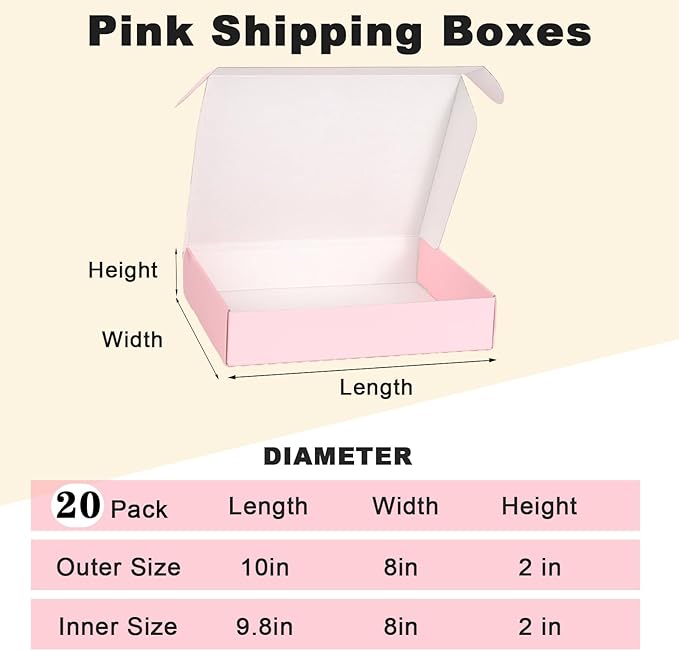 10x8x2 Inches Shipping Boxes Pink, 20 Pack Corrugated Cardboard Boxes Medium, Mailer Box for Packaging Small Business