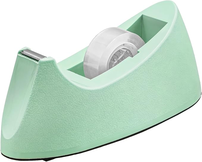 Heavy Duty One-Handed Weighted Office Tape Dispenser, Fits 1" Core, Green | 1.4 lbs Non-Slip Rubber Base, Smooth Cut Serrated Blade, Standard 1-Inch Clear Tape Roll Holder, Home Desktop Office Supplies