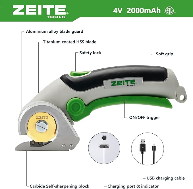 ZEITE 4V Electric Cardboard Box Cutter,Cordless Scissors with Titanium Coated HSS Blades,Ideal for Cardboard Recycling,Leather Carpet Fabric Cutting,Sewing,Crafting,Gifts for Men & Women,Color Box