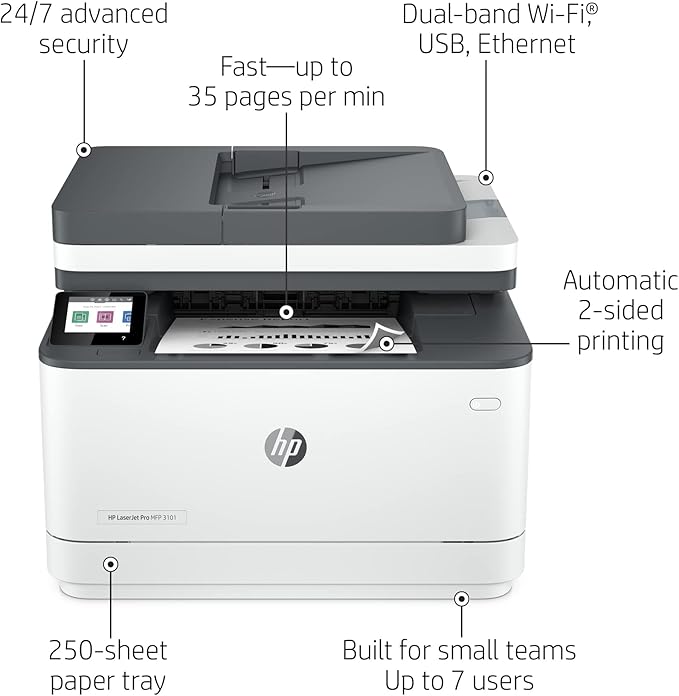 HP LaserJet Pro MFP 3101fdw Wireless Black & White All-in-One Laser Printer, Scanner, Copier, Fax, Best-for-Office (3G628F)