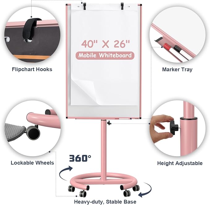 Mobile Whiteboard, 40x26 Inches White Board Dry Erase Board on Wheels | Height Adjustable, Magnetic Surface, Dry Erase, With Stand, Ideal for Classroom, Office, School, Home, Homeschooling, Teacher