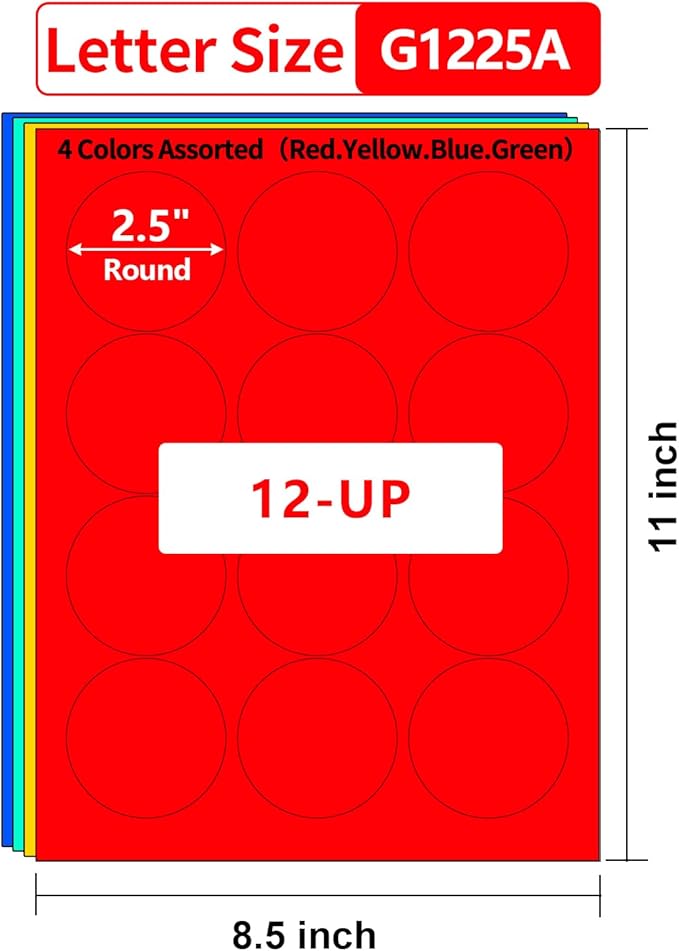 2.5 inch Colored Round Labels Printable,Neon Circle Labels for Inkjet & Laser Printer,4 Fluorescent Colors Assorted,2.5" Diameter Colorful Custom Round Stickers,240 Stickers in Total