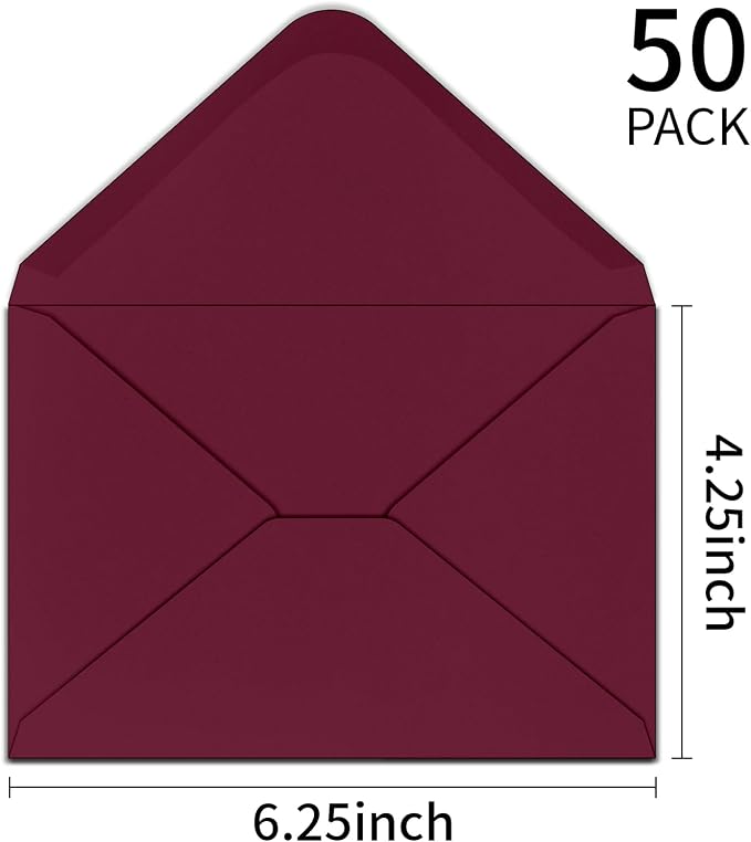 50 Pack 4 x 6 Envelopes Burgundy/Wine Red A4 Envelopes for Invitations, Printable, Self Seal for Weddings, Invitations, Photos, Postcards, Greeting Cards, Mailing