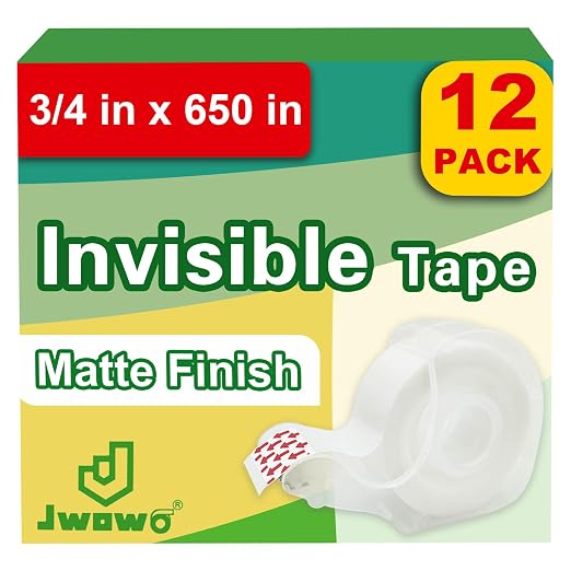 Tape, Invisible Tape Rolls with 12 Dispensers, Home Office Supplies and Back to School Supplies for College and Classrooms, Matte Finish, 3/4 in x 650 in