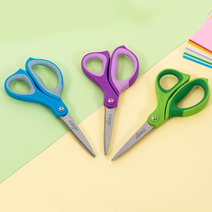 LIVINGO Kids Scissors 7" School Craft Scissors Pointed Tip 3 Pack | Sharp Cutting Blade, Ergonomic Comfort Grip, Middle High School Students, Home Office Craft Projects, Assorted Colors