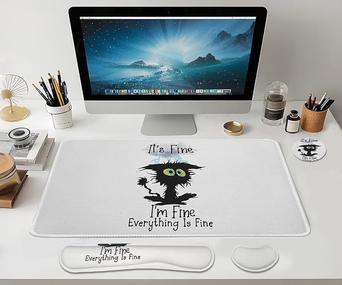 Large Mouse Pad Set, Cute Extended Mouse Pad+Keyboard Wrist Rest Support Desk Pad Memory Foam Ergonomic Easy Typing - It's Fine