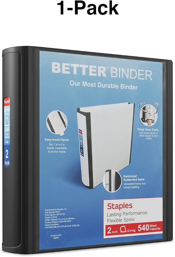 Staples Heavy-Duty 2-Inch D-Ring Binder, Black – Large Capacity 3-Ring Binder for School & Office Use