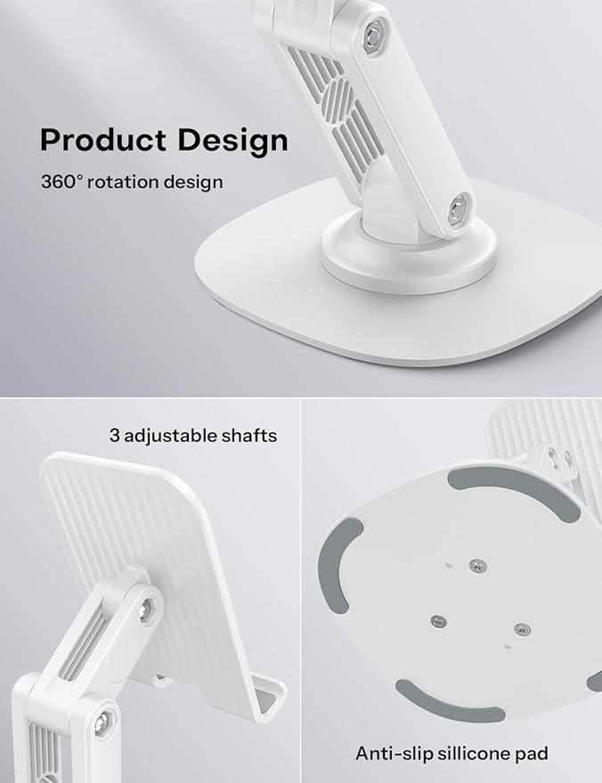 OMOTON Cell Phone Stand for Desk, 2 Pack Adjustable Foldable Phone Holder, 360 Swivel Mobile Stand Fit for iPhone 17 16 15 14 13 Pro Max and All Smart Phones, White & White