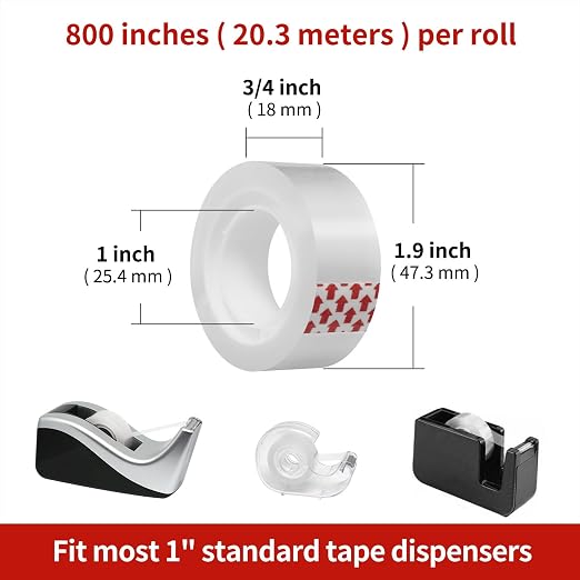 48 Rolls Transparent Tape Refills, Clear Tape, 3/4 x 800 Inches, Glossy Gift Wrapping Tapes for Dispenser, Office, School, Home (Pack of 3)