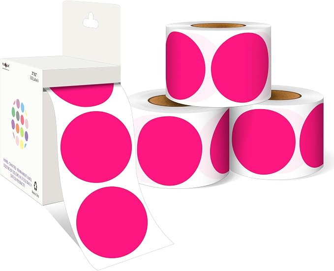 PARLAIM 2 Inch Round Adhesive Color-Code Dot Stickers,4Rolls/2000 per Rolls dots Label Dispenser Box, Circle Stickers Label Inch Coding Labels (Fluorescent Pink)