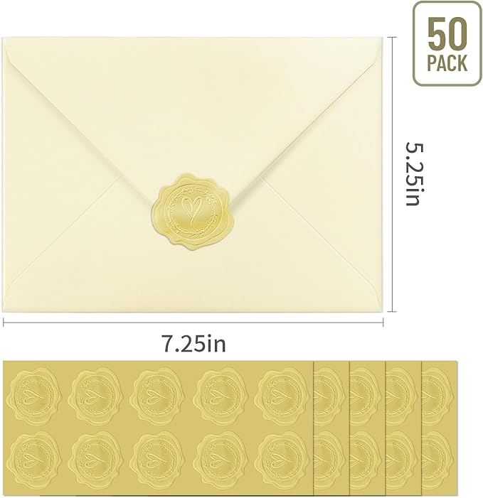 50 PCS Cream Colorful A7 Envelopes with Stickers, 5x7 Envelopes for Greeting Cards, Great for Invitations, Wedding Invitation, Birthday, Baby Shower, Graduation