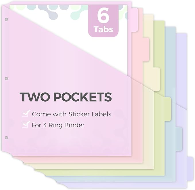 SKYDUE 6 Tabs Dividers with Two Pockets, Plastic Binder Dividers | Dividers for 3 Ring Binders,Extend Beyond Sheet Protectors, Binder Organizer for School Office and Home Organization