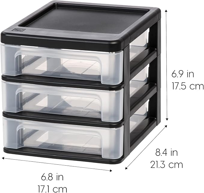 IRIS USA 2-Pack, 3-Drawer Small Plastic Stacking Desktop Organizer, Black | Keep dorm desks tidy with drawers for school supplies, makeup, chargers, snacks and everyday college essentials