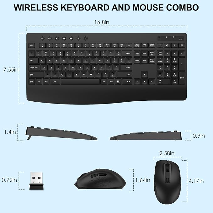 Full-Size Silent Wireless Keyboard and Mouse Combo with Palm Rest | 30dB quiet keys, silent clicks, 12-month battery, 1.4-in rear lift, 12 hotkeys, auto sleep, 2.4G receiver, Win/macOS/ChromeOS