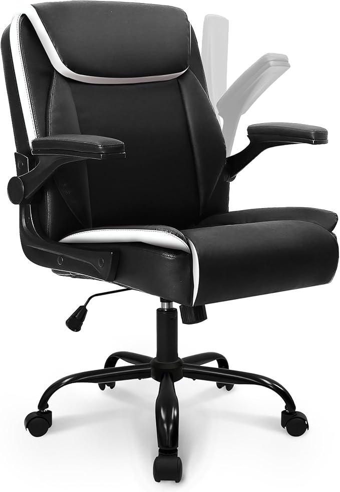 NEO Chair Office Desk Computer Chair Ergonomic Executive Mid-Back Leather Gaming Chair with Adjustable Flip-Up Armrests Wheels Swivel for Home Study Task (Black White)