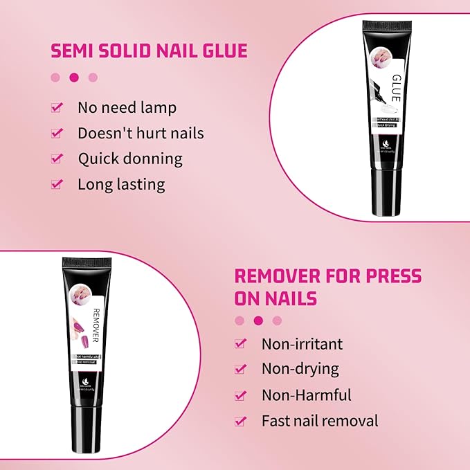 15g Semi Solid Nail Glue with 15g Remover for Press On Nails Tips Gel Nail Glue No Need for UV Lamp Quick Drying a Long Lasting Fake Acrylic Nail
