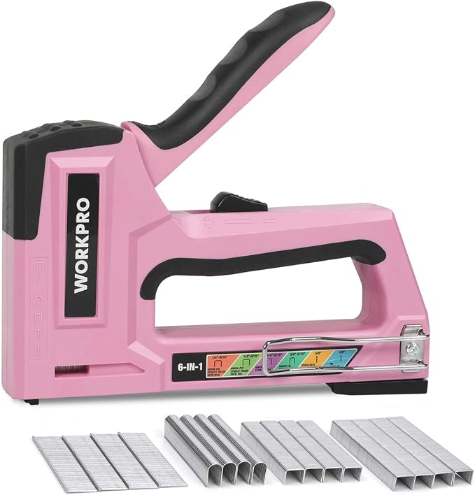 WORKPRO Staple Gun, 6-in-1 Manual Brad Nailer with 4000 Counts Staples | Upholstery Stapler Nail Gun for Fixing Material, Decoration, Carpentry, Furniture, Doors and Windows - Pink Ribbon