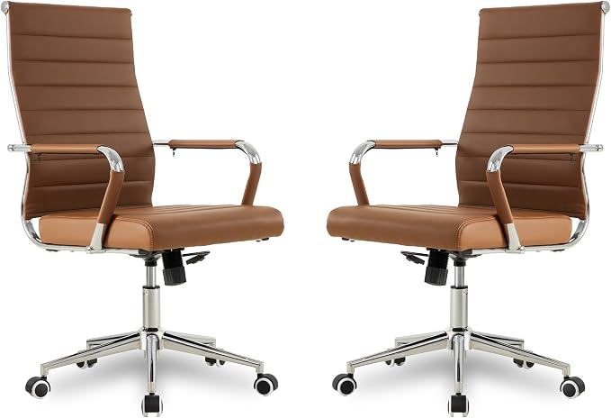 Okeysen Office Desk Chair, Ergonomic Leather Modern Conference Room Chairs, Executive Ribbed Height Adjustable Swivel Rolling Chair for Home Office Set of 2. (Brown)