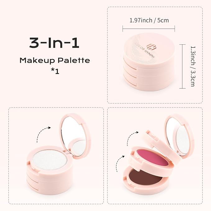 Color Nymph Blush and Highlighter Palette, 3 in 1 Contour Palette | Stackable Travel Makeup Kit, Long-Lasting, Lightweight & Buildable Matte Powder for a Glowing Look, Includes Brush & Mirror