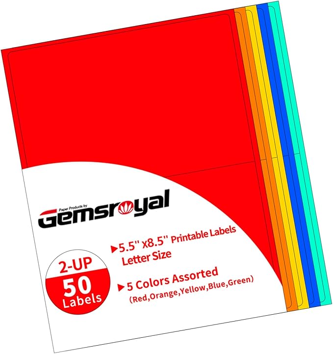 Colored Half Sheet Shipping Labels Printable,5.5"×8.5" Half Page,5 Colors Assorted(Red,Orange,Yellow,Blue,Green),Color Neon Label Sticker Paper for Printer,Coloful Large Stickers Labels