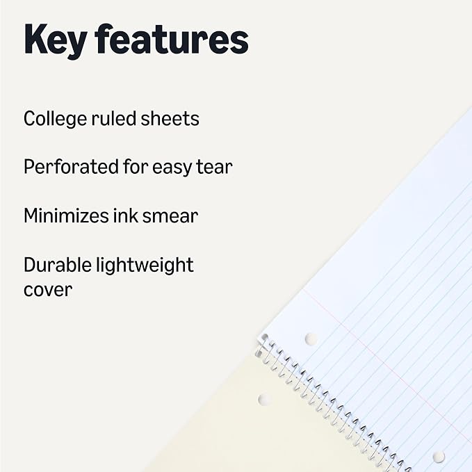 Amazon Basics College Ruled Spiral Notebooks, 70 Sheets, 8" x 10.5", Perforated Pages, Assorted Primary Solid Colors, 3-Pack