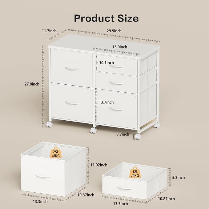 YeTom Lateral File Cabinet with 5 Drawers Rolling Filing Cabinets Under Desk Storage Printer Stand with Wheels,Mobile File Cabinet for Home Office,White