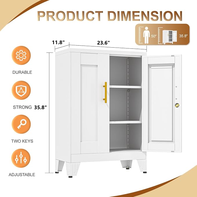 36" Metal File Garage Storage Cabinet with Lock,Lockable Office File Cabinet with 2 Doors and 2 Adjustable Shelves,Outdoor Steel Locker Organizer for Home Office,Gym,School,Warehouse(White)