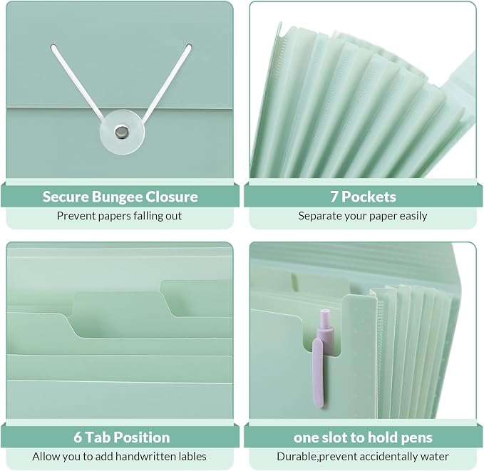 SKYDUE Accordion File Organizer, Expanding File Folder with 7 Pockets, Portable Receipt Paper Bill Document Organizer, Letter/A4 Size Filing Folder School Office Supplies, TurquoiseGreen