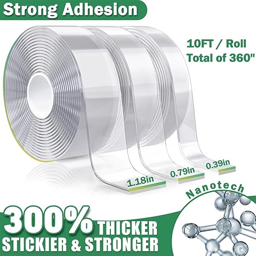 3 Rolls Double Sided Tape Heavy Duty - Total 30FT, Extra Strong Nano Tape Adhesive Strips Filament Tape, Clear Mounting Tape Removable Two Sided Adhesive Tape for Walls, Posters, Rug, Picture Hanging