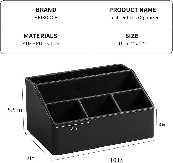 PU Leather Desk Organizer, Remote Control Holder, Black | Luxury Nightstand Organizer for Home, Office Desk Accessories, Bedside Table Caddy with 5 Compartments, Velvet Lining
