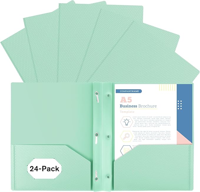 24-Pack Plastic andPockets and Prongs,2-Pocket and3 Fasteners, Pastel Folders Holds 8-1/2" x 11" Paper for School/Office/Home, Green
