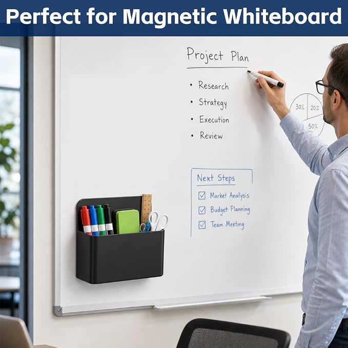Magnetic Pencil Pen Holder, 2PCS Dry Erase Marker Holder for Whiteboard, Black Pink Magnet Storage Pencil Cup Case Fridge Organizers Locker Accessories for Office School Classroom Teacher Must Haves