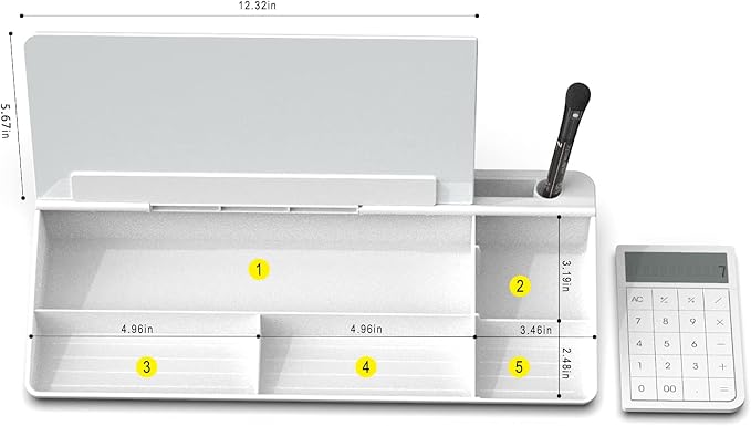 TOWON Glass Desk Whiteboard with Calculator 18x6 in, Desk Organizer, White | Desktop whiteboard with 12-digit LCD calculator. Storage for office, home, school. Glass dry erase with accessories.