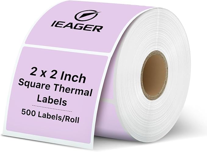 iEager Purple Square Thermal Label Stickers, 2"x2" Self-Adhesive Square Direct Thermal Labels with Perforation Line, 500 Sheets/Roll