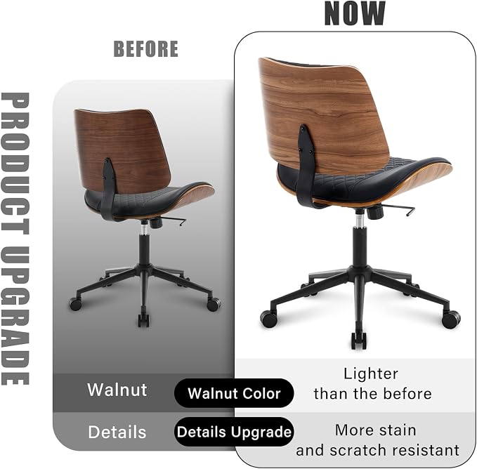 Home Office Chair No Arms with Wheels, Mid Back Walnut Style,Black-2 | Adjustable Height Small Desk Chair, PU Leather Mid Back 360 Swivel Computer Seating, Armless Walnut Office Chair, 300LBS