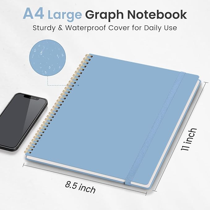Taja Spiral Graph Notebook, 8.5"x11" Notebooks for Work, Large A4 Journal for Women & Men, Grid Notebook, Journaling Notebook for Writing, Plastic Cover Spiral Journal, Blue