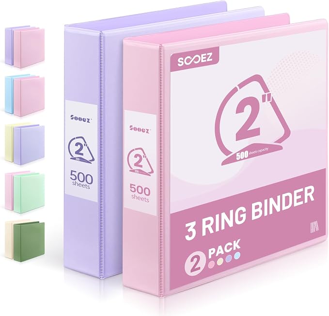 Sooez BinderX 2 Inch 3 Ring Binder, D-Ring Large Binders, Holds 500 Sheets | 8.5x11 Paper, PVC-Free, Customizable View Cover with 2 Inside Pockets, School & Office Supplies, Assorted Pastels, 2-Pack