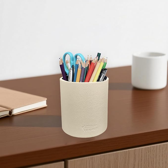 Leather Pen Holder, Beige Pencil Holder, Desktop Elegant Pen Holder for Desk, Stationery Organizer for School Office Home Dorm