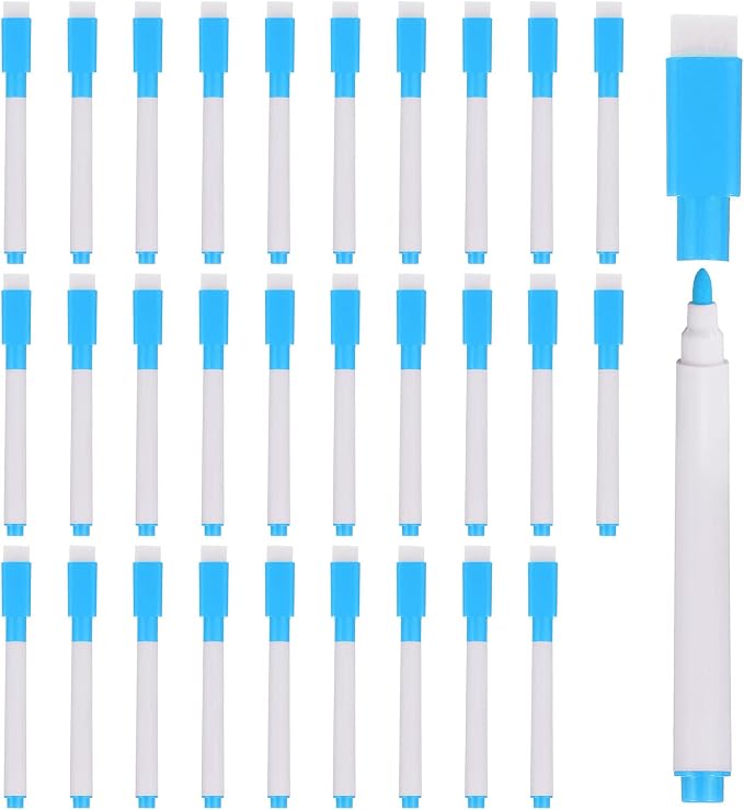 PATIKIL Dry Erase Marker Pens Light Blue Ink Point with Eraser Cap 30Pcs | Marker Pens with Eraser Cap for Office Home Classroom, White Pen Rod