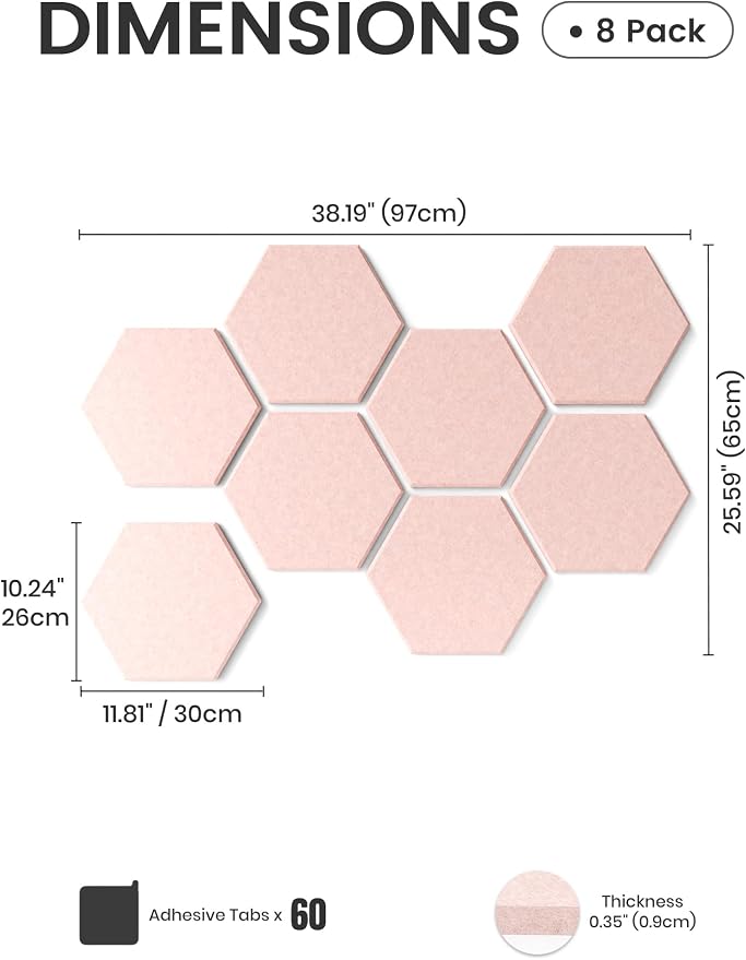 Fluxynara 8-Pack Hexagon Felt Bulletin Board Tiles, Pink-1 | Cork Board Alternative with 50 Adhesive Tabs for Notes, Photos and Reminders in Home Offices, Dorm and Classrooms