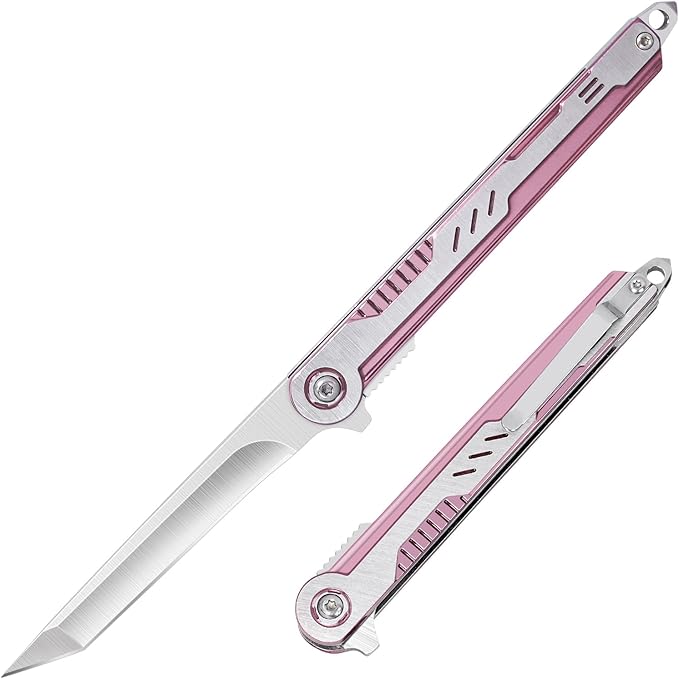 Pink Pocket Knife for Women - Slim EDC Knife with 7CR13Mov Steel Tanto Blade, Clip and Glass Breaker - Womens Knife for Self Defense - Cute Girl Survival Tool Pocket & Folding Knives