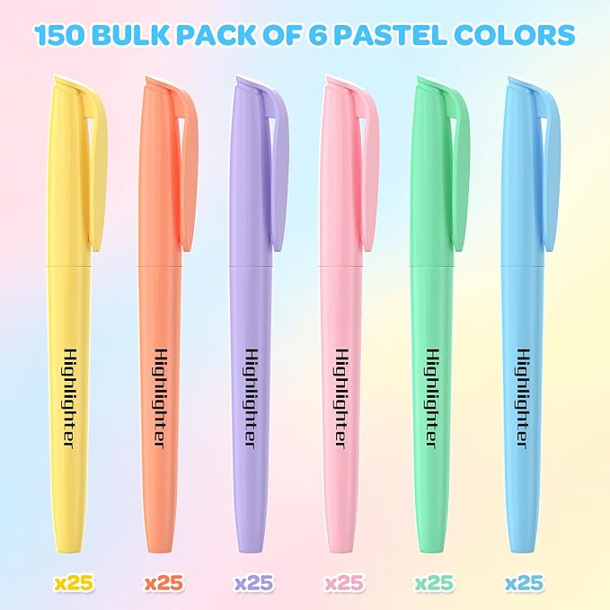 150 Count Pastel Highlighters Assorted Colors Bulk - Chisel Tip, Quick Dry, 6 Pastel Colors, School Supplies for Students Teachers, No Bleed Markers Set for Notes, Textbooks, Classroom and Office Use