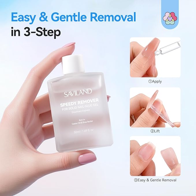 SAVILAND Nail Glue Remover for Press on Nails: 50 ML Solid Gel Glue Remover for Nail Tips, Quick Gentle Removal with Castor Oil VE, Non-Drying Odor-Free Non-Acetone Glue Remover Not for Gel Polish