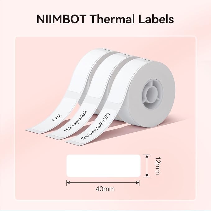 NIIMBOT Label Maker Tape for D11/D110/D101 Label Maker, 12 x 40 mm (0.47'' x 1.57''), 3Rolls for Home Office Labeling Tape Replacement, White (Pack of 4)