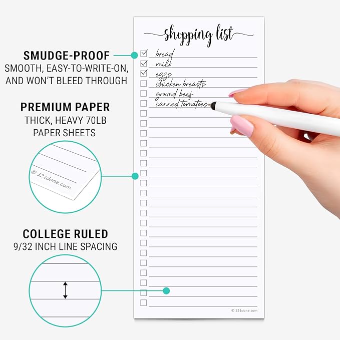 321Done Grocery List Notepad, Skinny 3.7x8.5 Inches, 2-Pack, 50 Sheets Each | Made in USA - Slim Shopping List Pads for Kitchen Planning, Meal Prep and Errands, Thick Bright White Paper, Tear-Off Sheets
