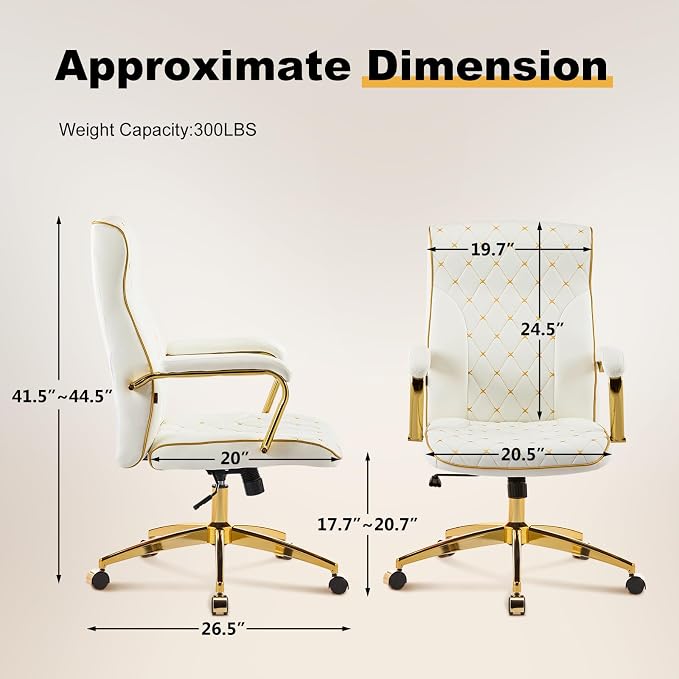 White and Gold Office Chair, Leather Office Chairs, Adjustable Vanity Chair with Golden Legs and Padded Armrest, Modern Upholstered Computer Chair with Wheels,White