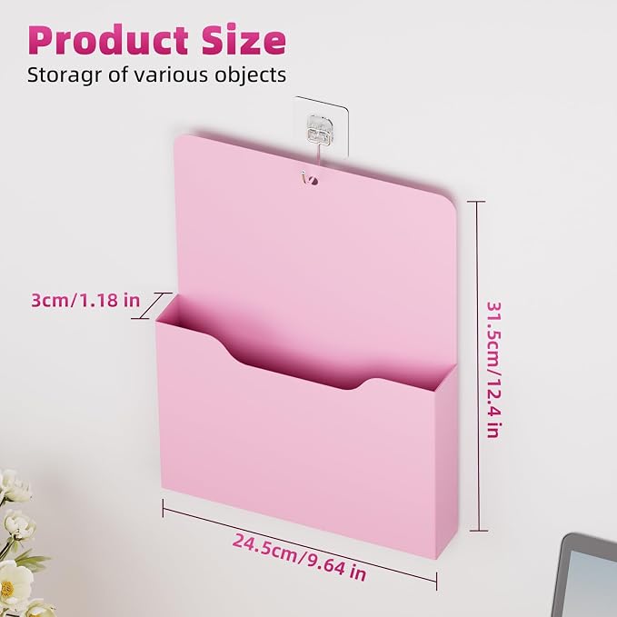 Marbrasse Magnetic File Holder - Magnetic Paper Holder, Pocket Organizer Office Supplies Storage Mail Organizer for Notebooks,Planners,Letter (Pink)